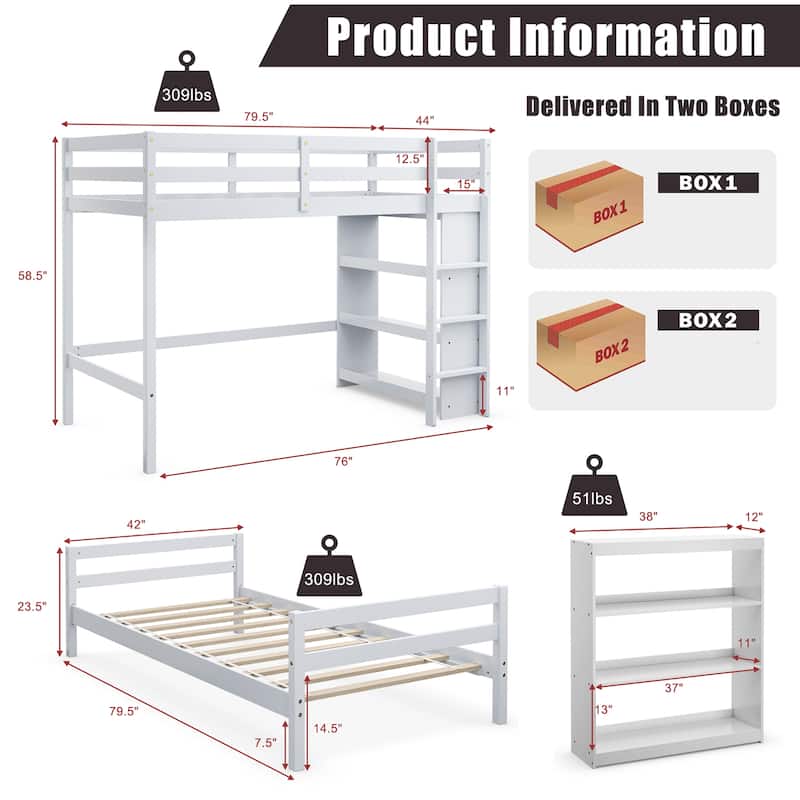 Costway Twin Over Twin Loft Bunk Bed Wood w/Bookcase Guardrail Ladder - 79.5'' x 44'' x 58.5''