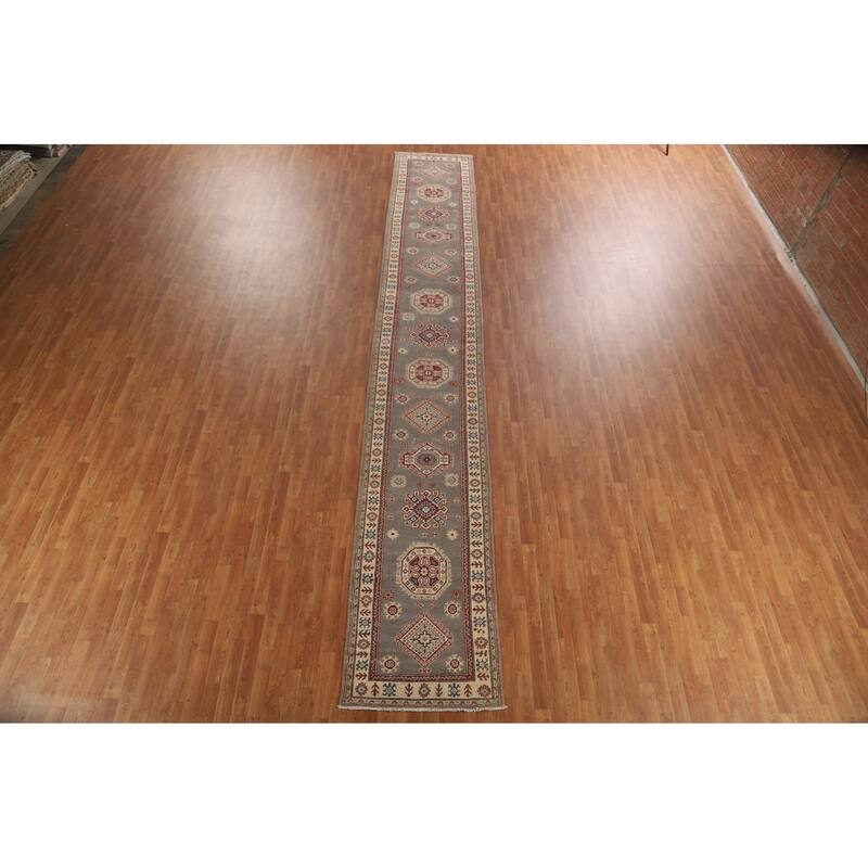 Geometric Grey Kazak Runner Rug Handmade Wool Carpet - 2'10" x 19'7"