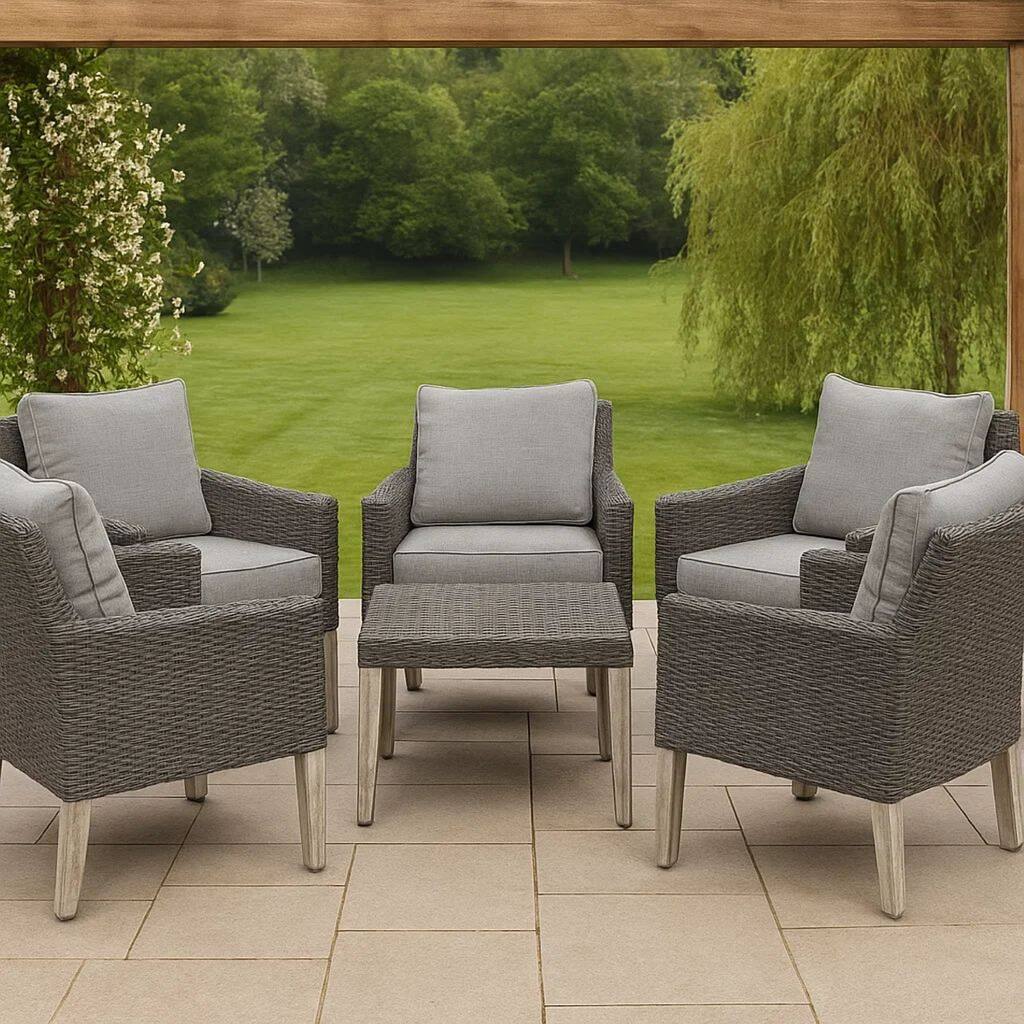 Bops Outdoor Ottoman, Gray Faux Rattan Wicker, 28 Inch Acacia Wood