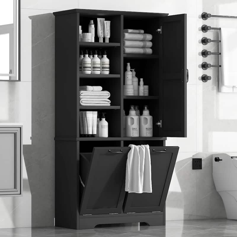 GDFStudio - Elijah Tall Bathroom Cabinet with Tilt-Out Laundry Hampers and Adjustable Shelves - Black - Storage Cabinet