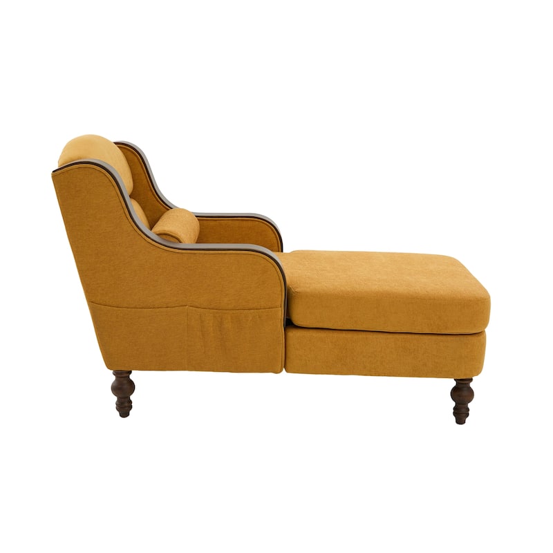Ergonomic Chaise Lounge Indoor Chenille Single Lazy Sleeper Sofa Bed with Side Pockets, Solid Wood Armrests and Foots