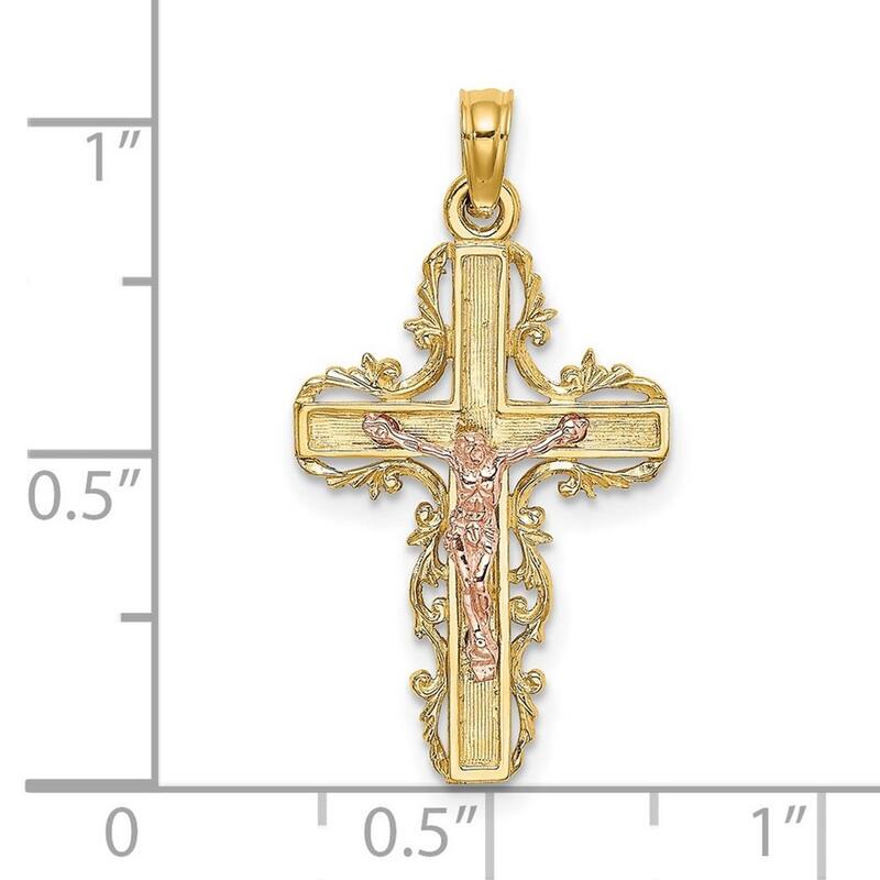 Curata 14k Two tone Gold Lace Trim Crucifix With Pink Inspiration Jesus Pendant Necklace , 18"