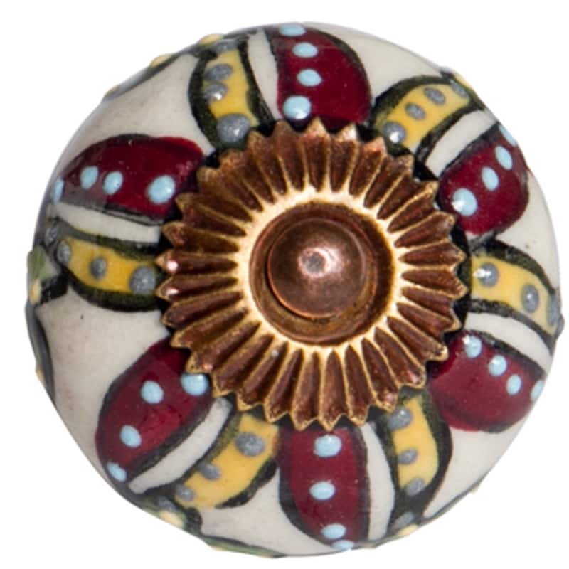 HomeRoots Set Of Eight Red And Yellow Botanical Ceramic Drawer Pull Knobs - 1.5" x 1.5" x 1.5"