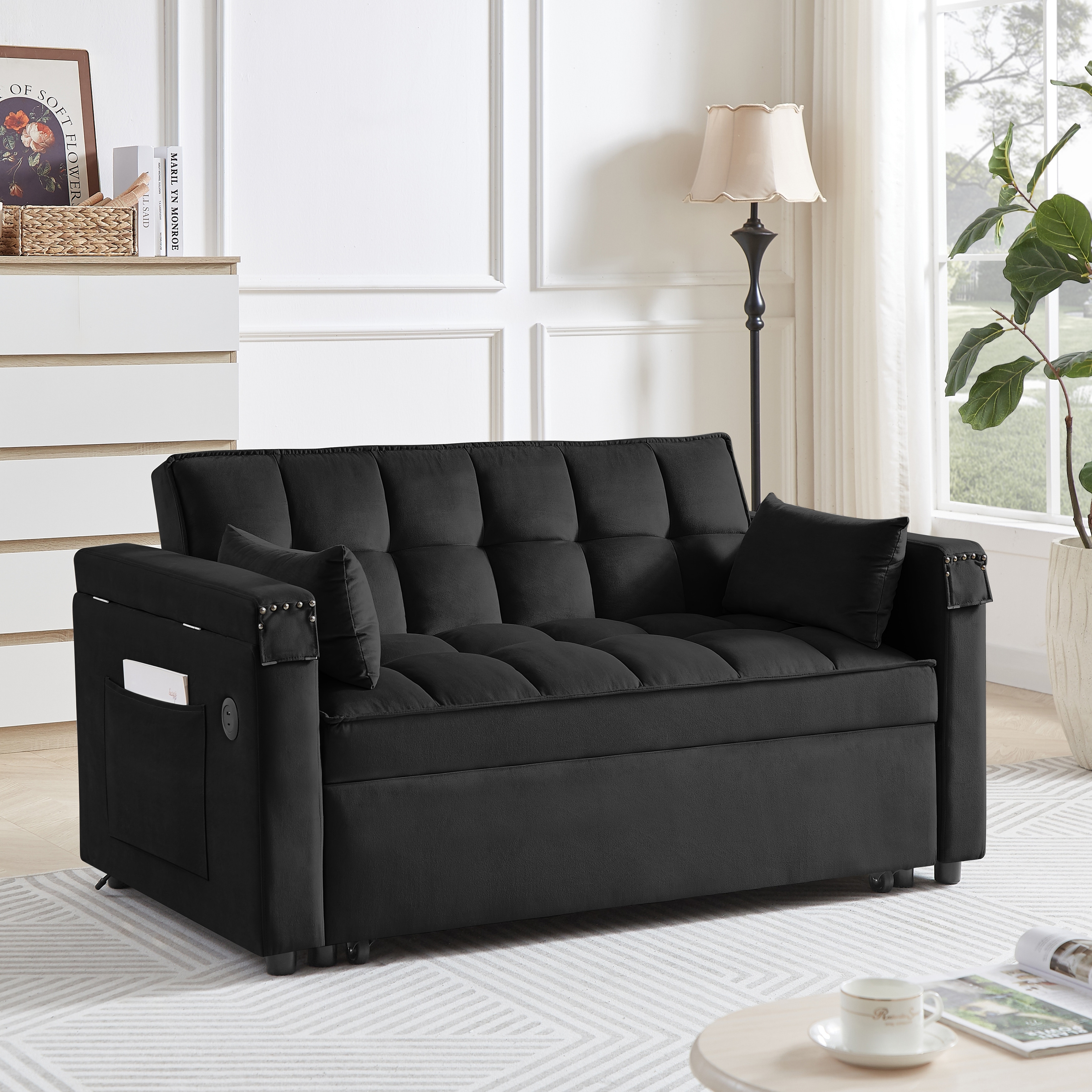 Convertible Sofa Bed, 3-in-1 Multi-Functional Velvet Sleeper Couch with Pull-Out Bed