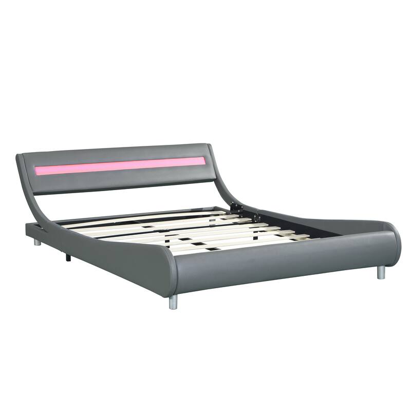 Faux Leather Upholstered Platform Bed Frame with led lighting