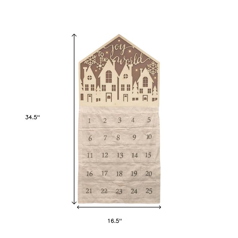 HomeRoots 35" X 17" Beige Christmas Advent Calendar Joy to the World Wood Hanging Wall Decor