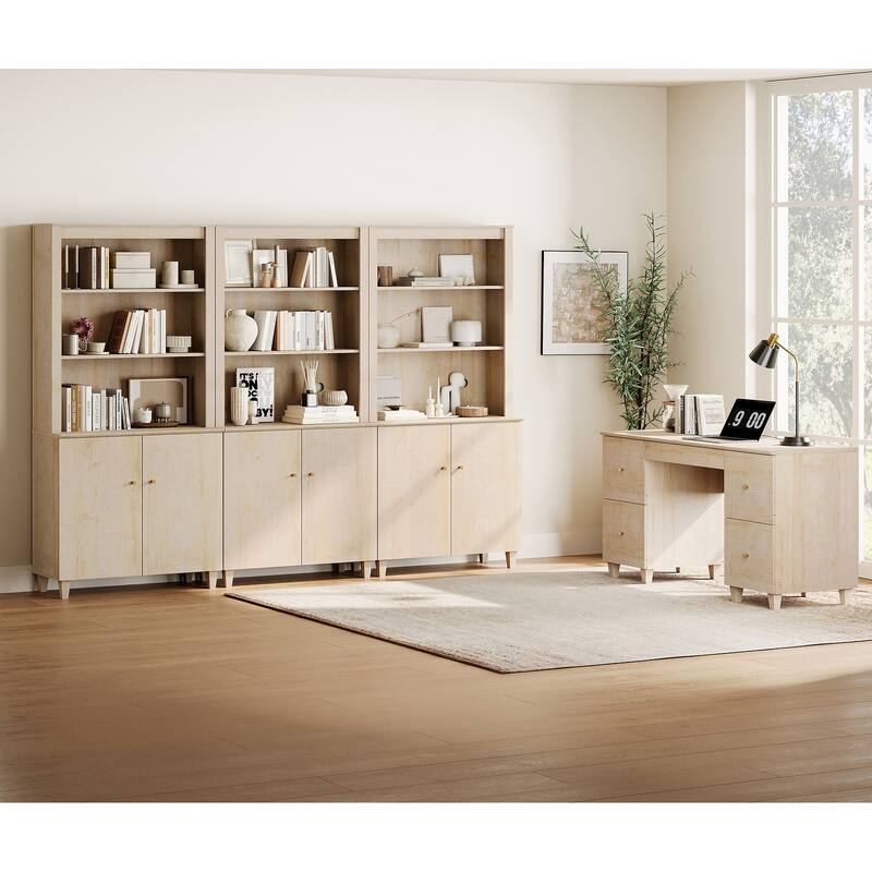 WAMPAT Home Office Furniture Set, 58" Executive Desk with Drawers, 3-Column 71" Tall Bookcase with Doors and Adjustable Shelves - Natural Oak