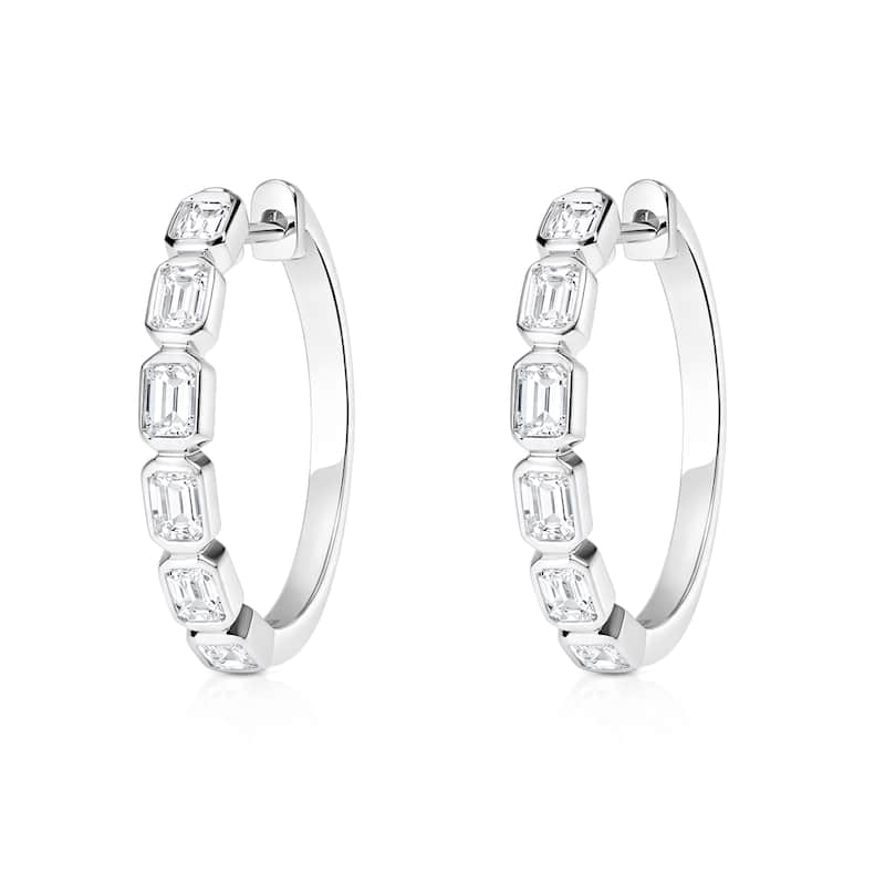 Auriya 14k Gold Lab Grown Diamond Emerald Bezel Hoop Earrings 1.00 to 4.00 ct. tw. (F-G VS) - White - White - 1