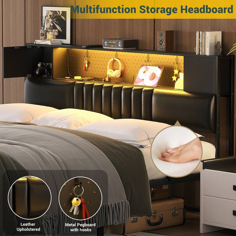 Farmhouse Bed Frame with Holey Board, Upholstered Headboard Platform Bed with Charging Station