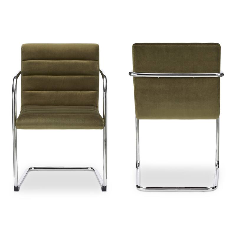 Title: NADAAL STUDIOS Cyran Dining Chair, Faux Green Upholstery, Stainless Steel Cantilever Frame - Set of 2