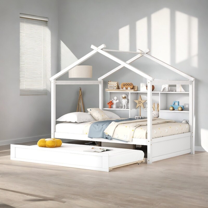 Full Size House Shaped Canopy Bed with Twin Size Trundle Bed Bath