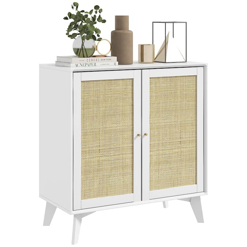 HOMCOM Boho Storage Cabinet, Kitchen Cabinet with 2 Rattan Doors and Adjustable Shelf for Living Room, Hallway, White
