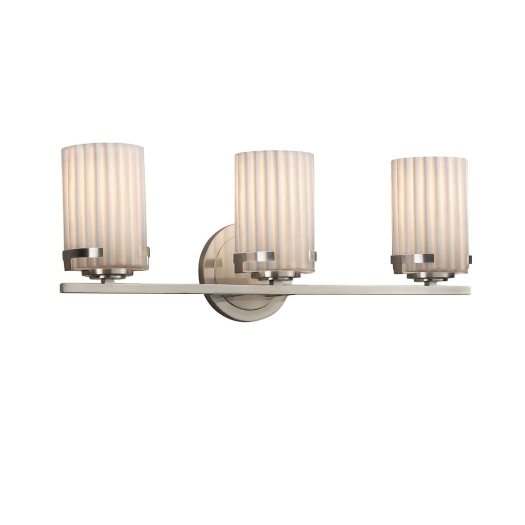Justice Design Limoges Atlas 3-light Brushed Nickel Bath Bar, Pleats Cylinder - Flat Rim Shade