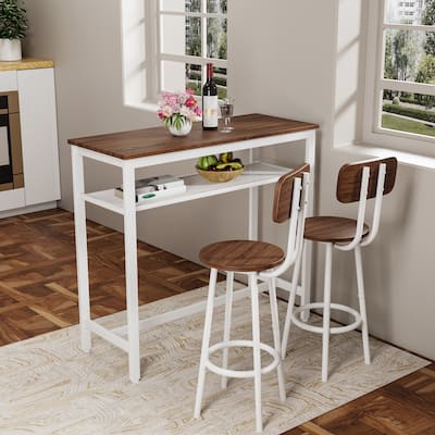 3 Piece Bar Table Set, Bar Table and Chairs Set of 2 with Metal Frame and Storage Rack