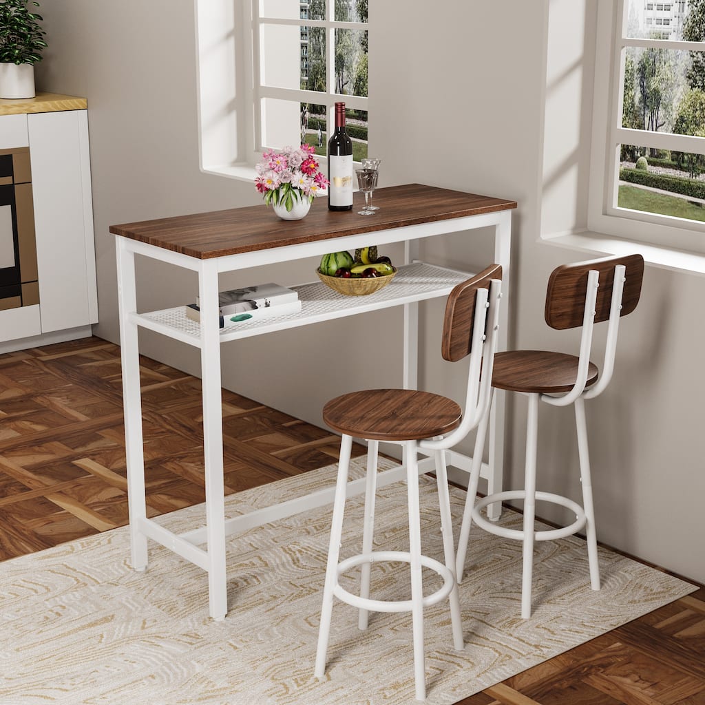 3 Piece Bar Table Set, Bar Table and Chairs Set of 2 with Metal Frame and Storage Rack