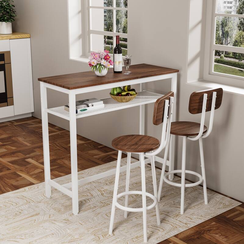 Dining Table Set with 2 Stools,3 Piece Counter Height for Kitchen, Living Room, Small Apartment Breakfast Table Faux Marble Top - Brown