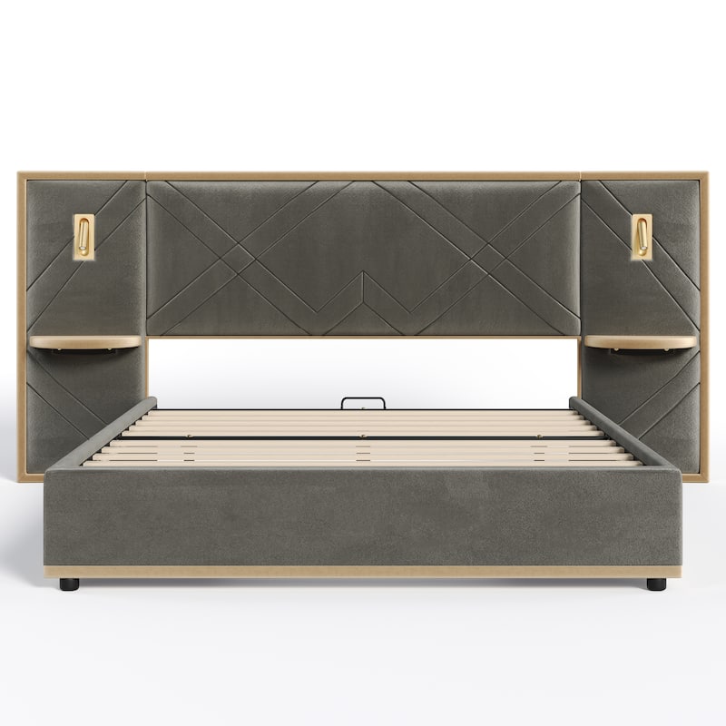 Christopher Knight Home - Voss Velvet Upholstered Bed with 2 Built-in LED Lights and 2 Storage Side Panels