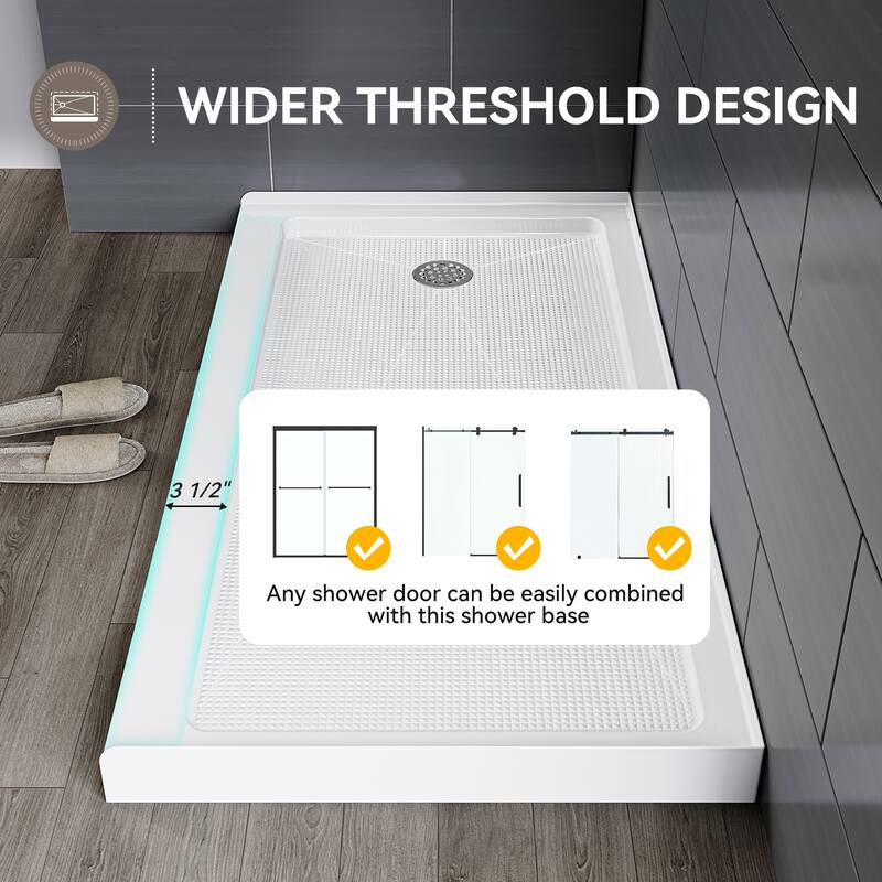 HOROW 60 x 30 Inch Alcove Shower Pan Base in High Gloss White with Wide Threshold Design - Left Drain Location
