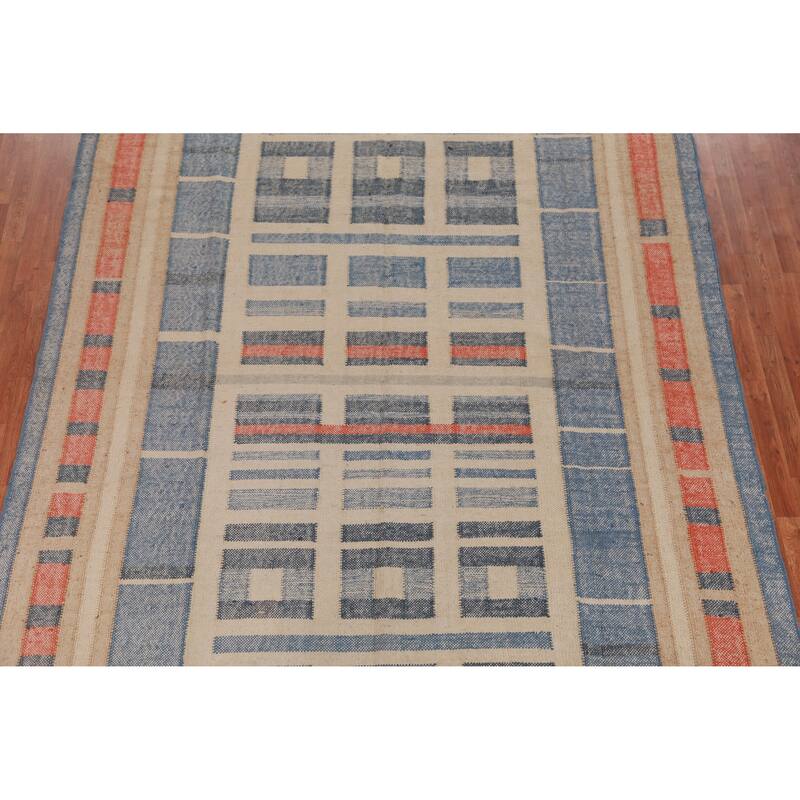 Hand Woven Oriental 100% Jute Carpet Southwestern Modern Navy Blue & Blues Kilim Area Rug - 9' 4'' X 8' 7''