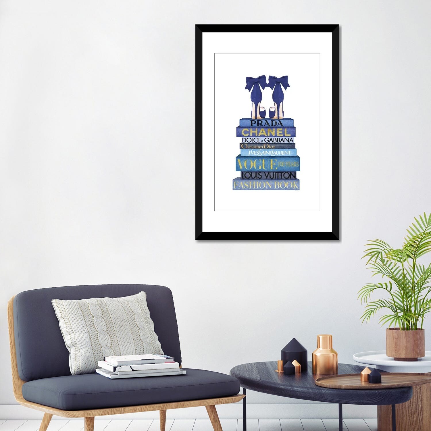 Framed Canvas Art (Champagne) - Tall Blue Books, Black Shoes by Amanda Greenwood ( Fashion > Vogue art) - 26x18 in
