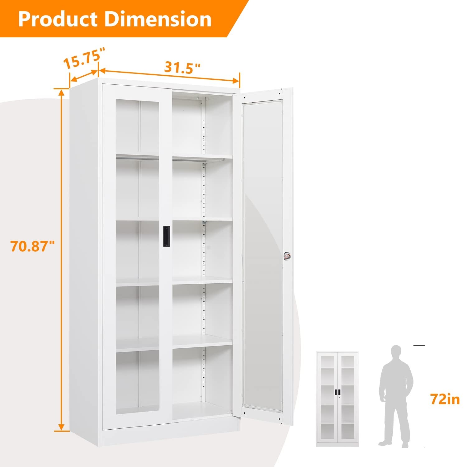 5-Tier Metal Storage Cabinet Glass Display Cabinet with Lockable