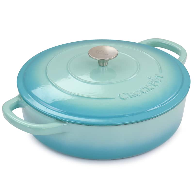 Crock Pot Artisan 5 Quart Enameled Cast Iron Braiser Pan with Lid in Gradient Aqua Blue