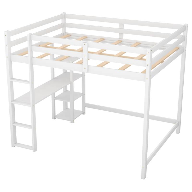 Full Size Loft Bed with Builtin Desk & Shelves, Wooden Loft Bed Frame