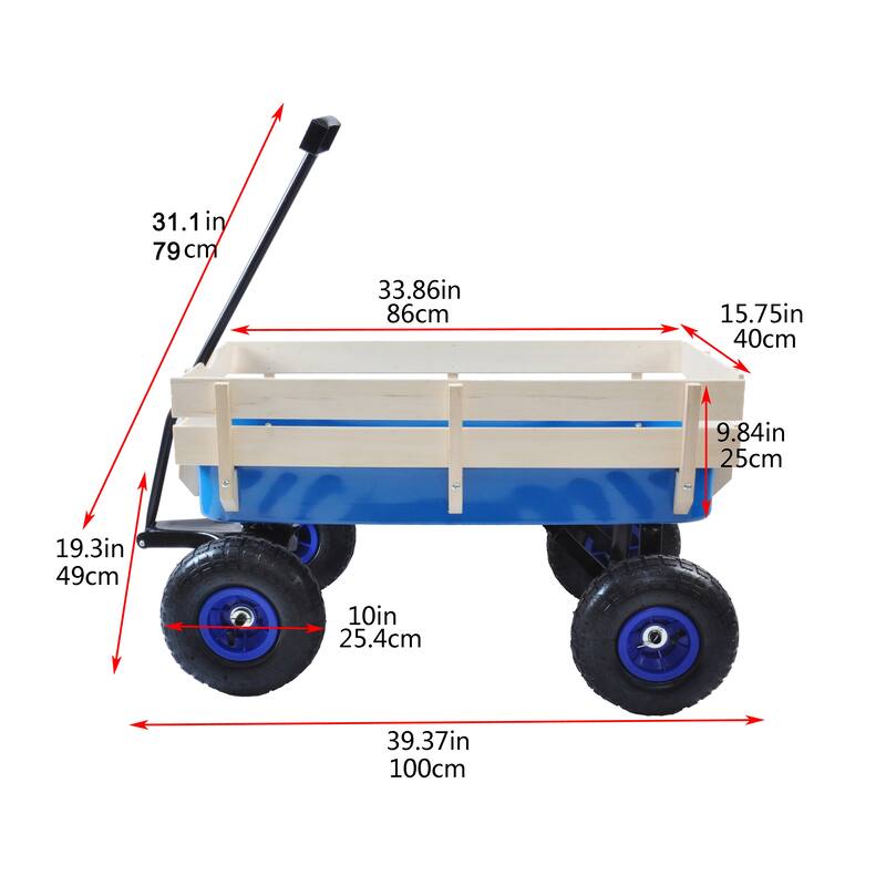 Anmytek Garden Cart Utility Wagon with Inflatable Tires Outdoor Hauler Blue Wooden