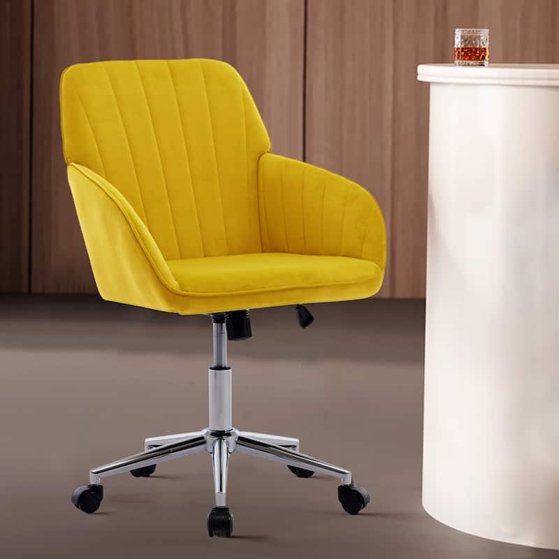 Velvet Adjustable Home Office Chair, Swivel Armchair with Universal Wheels, Upholstered Desk Chair with Metal Base - Bright yellow