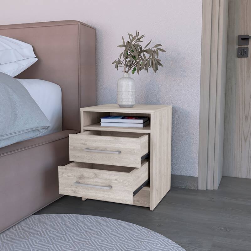 Light Gray Nightstand with Two Drawers and Open Shelf