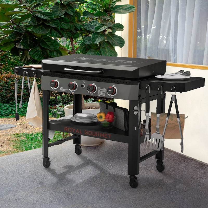 Royal Gourmet GB4005P 34-Inch 4-Burner Propane Gas Griddle with Hood & Collapsible Side Shelves and Storage Basket, 52,000 BTU
