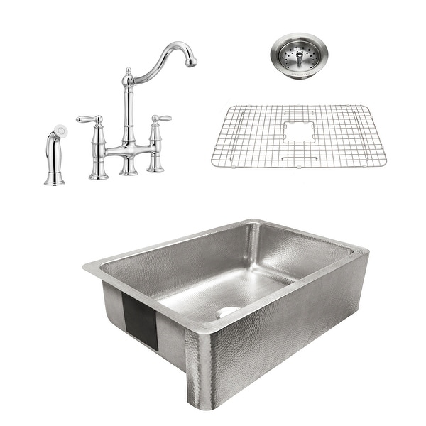 Percy Apron-Front Polished Stainless Steel 32 in. Single Bowl Kitchen Sink with Pfister Chrome Bridge Faucet All-in-One Kit. Opens flyout.