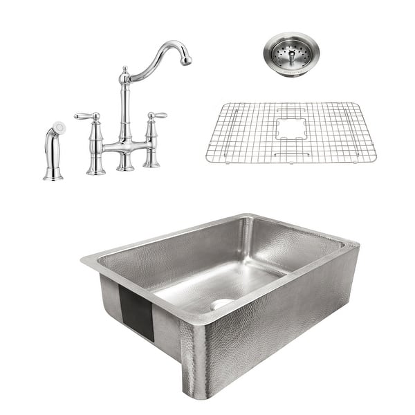 Percy Apron-Front Polished Stainless Steel 32 in. Single Bowl Kitchen Sink  with Pfister Chrome Bridge Faucet All-in-One Kit
