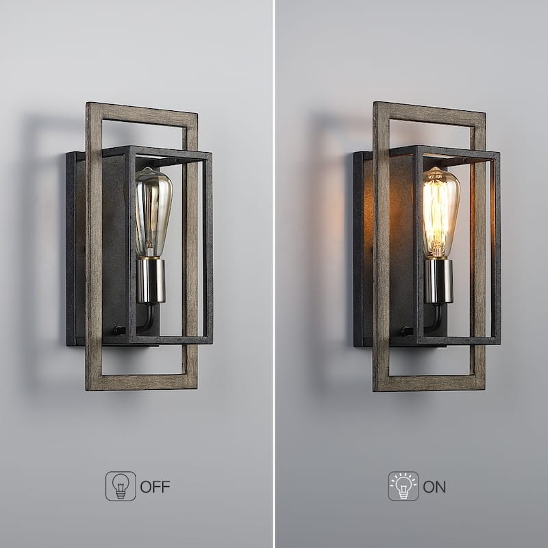 1-Light Black/Wood Tone Dimmable Rustic Farmhouse Wall Sconce - 14.3''H