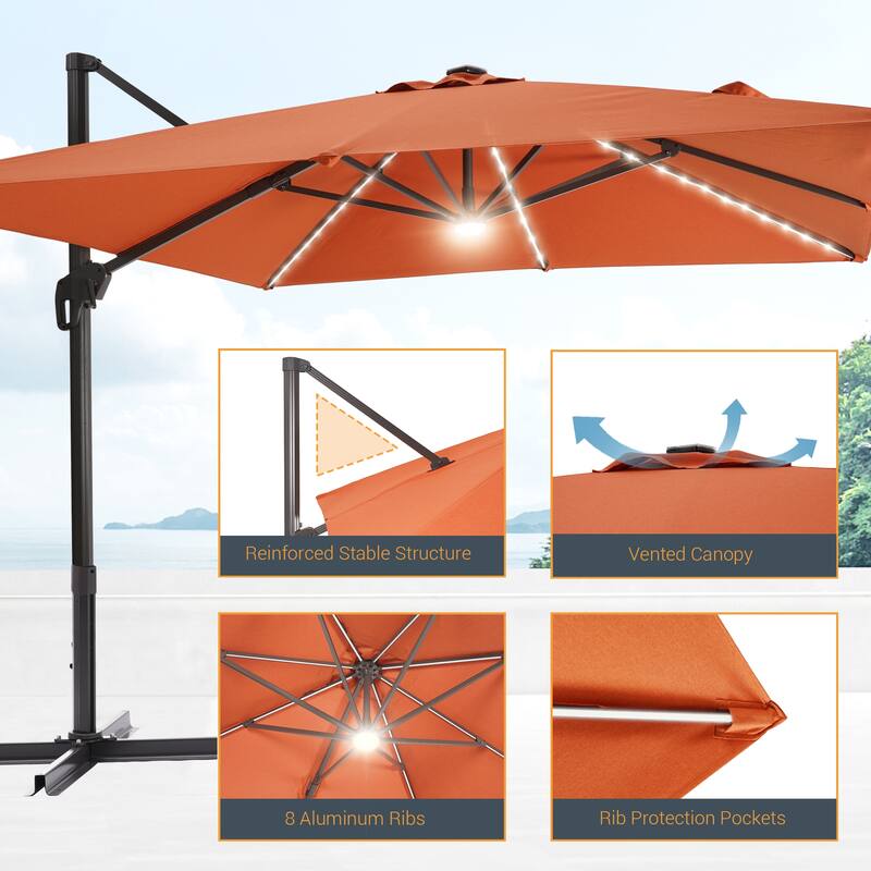 LIVOOSUN 11.5x9ft LED Cantilever Patio Umbrella with Cross Base