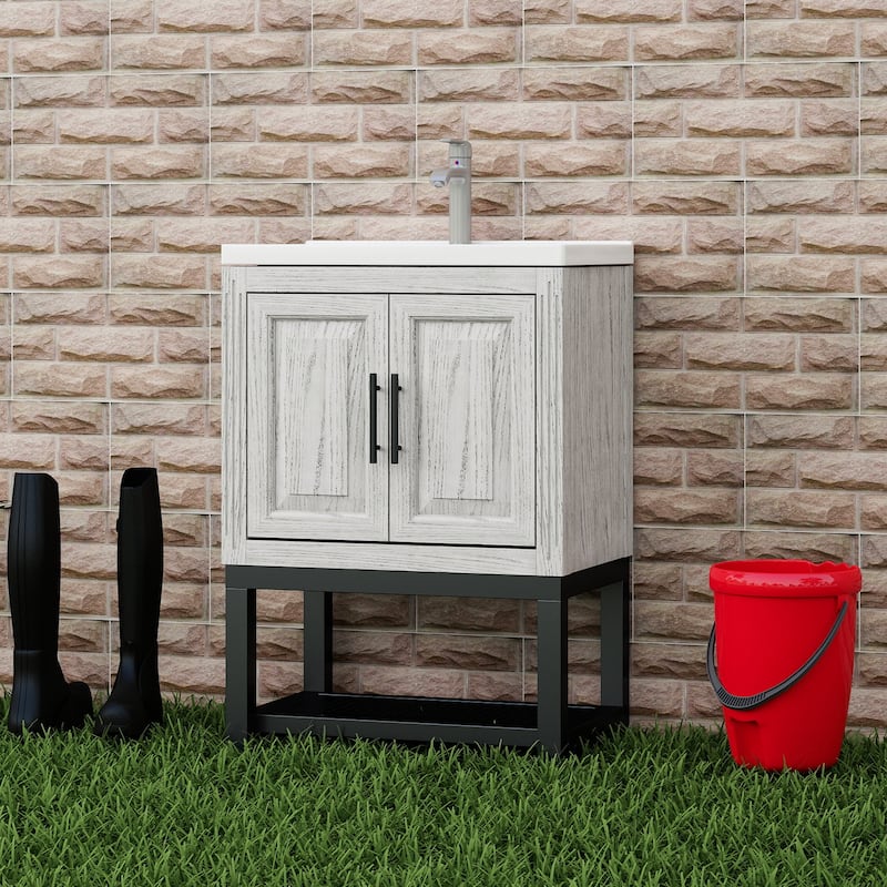 GDFStudio - CompactLine Modern Freestanding Bathroom Vanity with Ceramic Sink and Open Shelf - 24 Inch