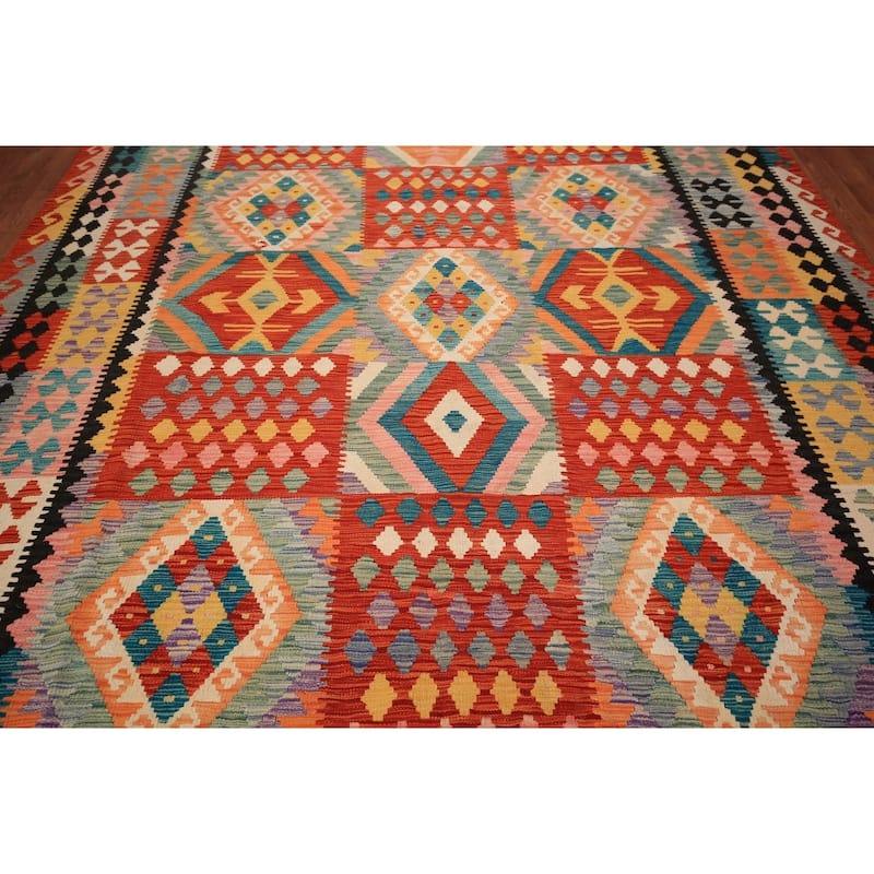Geometric Kilim Oriental Area Rug Bedroom Flatweave Wool Carpet - 8'3" x 11'5"