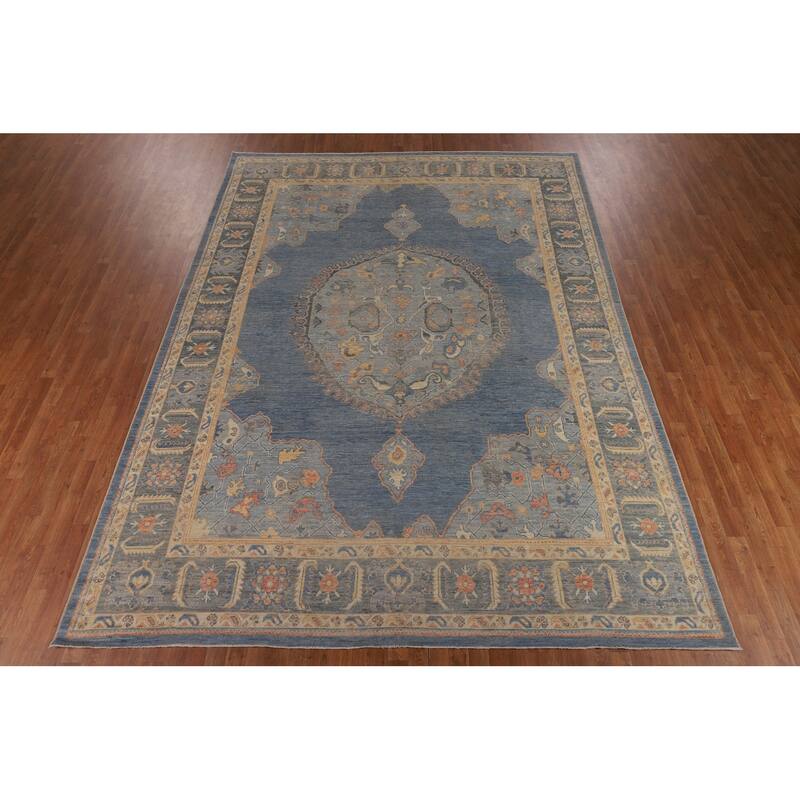Vegetable Dye Oushak Oriental Area Rug Hand-Knotted Blue Wool Carpet - 9'4"x 12'7"