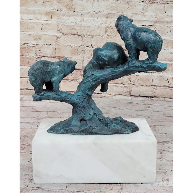 Bear Family Bears On Tree Branch - Bronze Metal Sculpture On White Marble Base