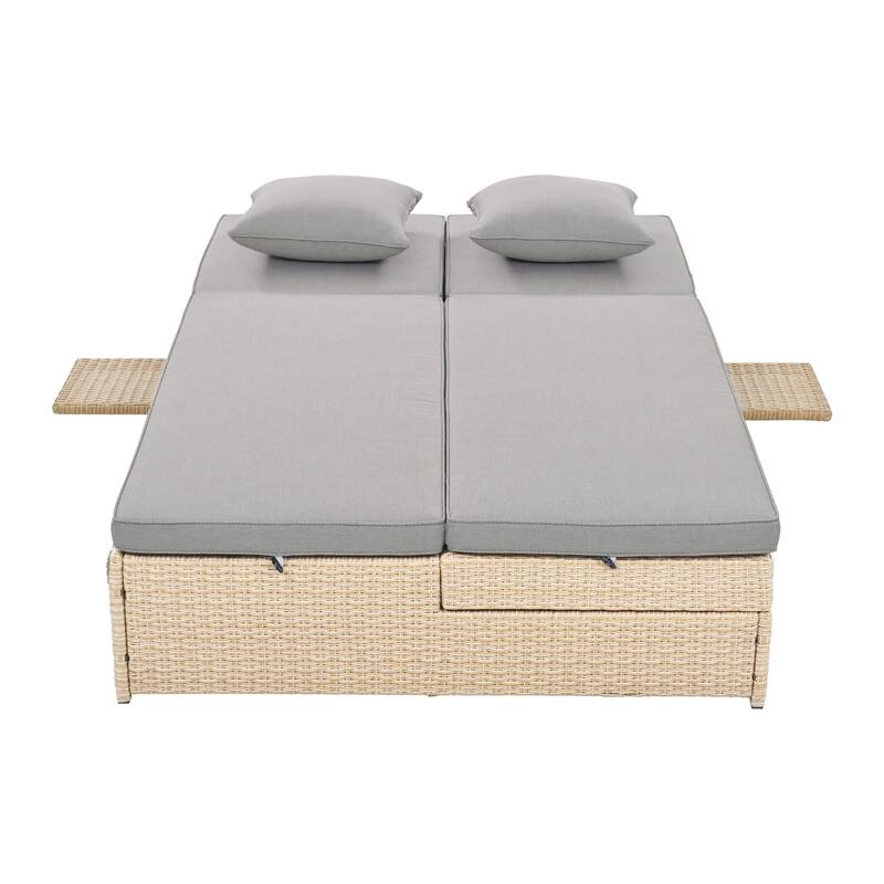 Brown PE Rattan Outdoor Double Sunbed with Adjustable Backrest and Seat