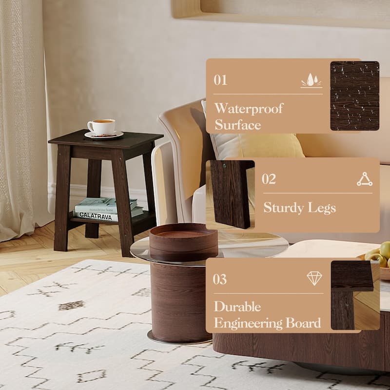 , Rustic Side Table with Storage Shelf, Small Center Table