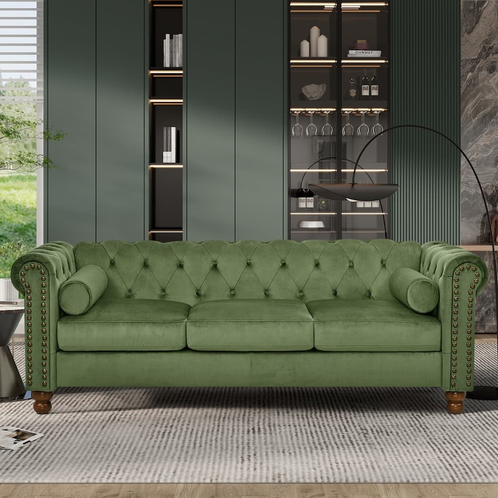 74.5" Velvet 3-Seater Sofa with Button Tufted Backrest, Scrolled Arms, Turned Legs, and Classic Design