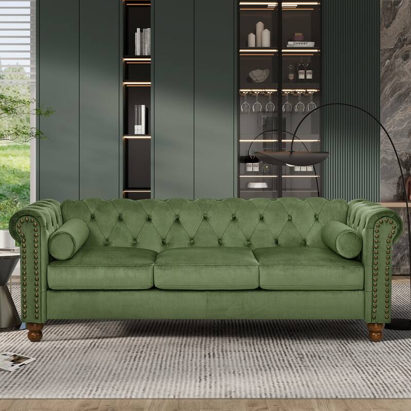 Classic Traditional Living Room Upholstered Sofa with high-tech Fabric Surface/Chesterfield Tufted Fabric Sofa Couch - Green