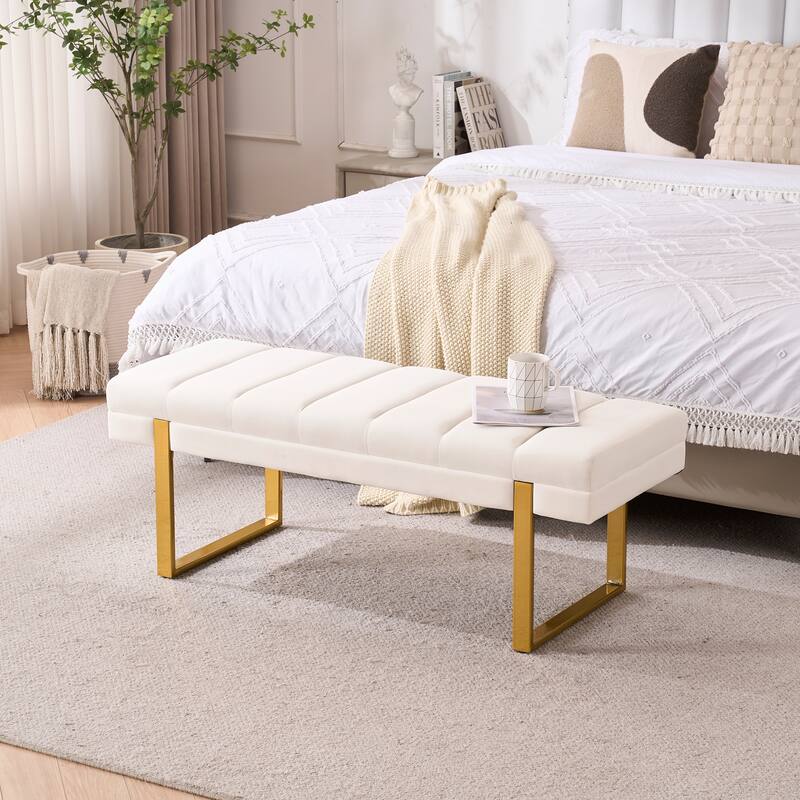 Upholstered Bedroom Bench Tufted Entryway Bench Modern End of Bed Bench Dining Bench with Gold/Black Metal Legs for Window