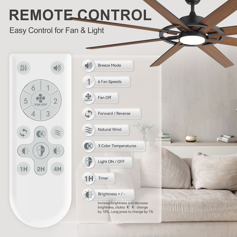 72" Large Ceiling Fan with 3CCT Dimmable LED Light and Remote(8 Reversible Blades）
