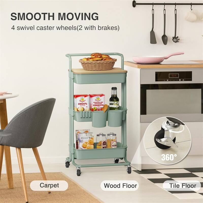 3 Tier Utility Rolling Cart - 15.6"D x 16.5"W x 35.4"H