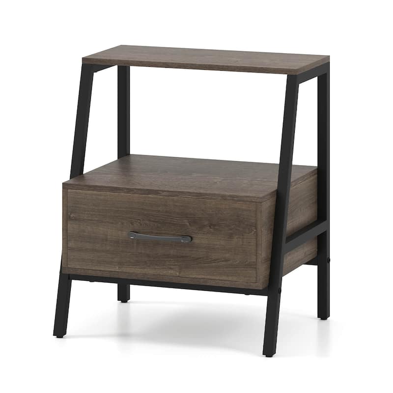Costway 1/2 PCS Nightstand with Drawer Farmhouse 3-Tier Bedside Table