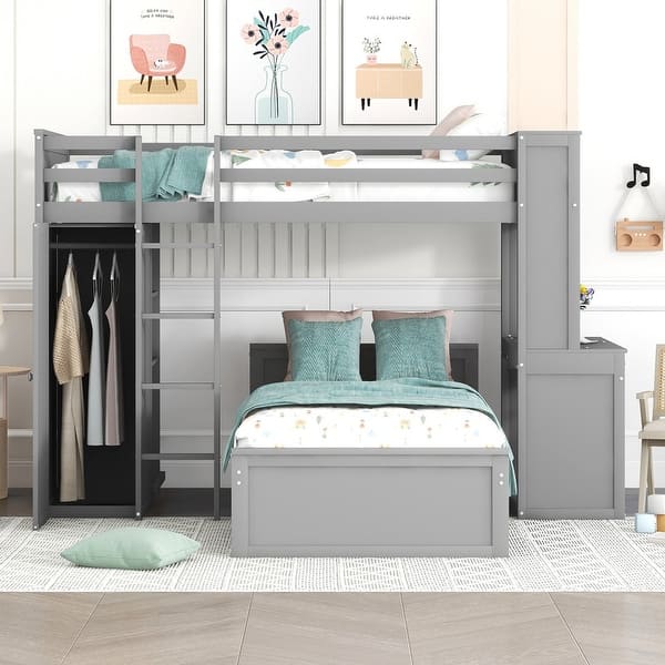 slide 2 of 9, Twin size Maximized Space Loft Bed with Twin size Stand-alone bed, Shelves,Desk,and Wardrobe,No Box Spring Required-Gray Gray