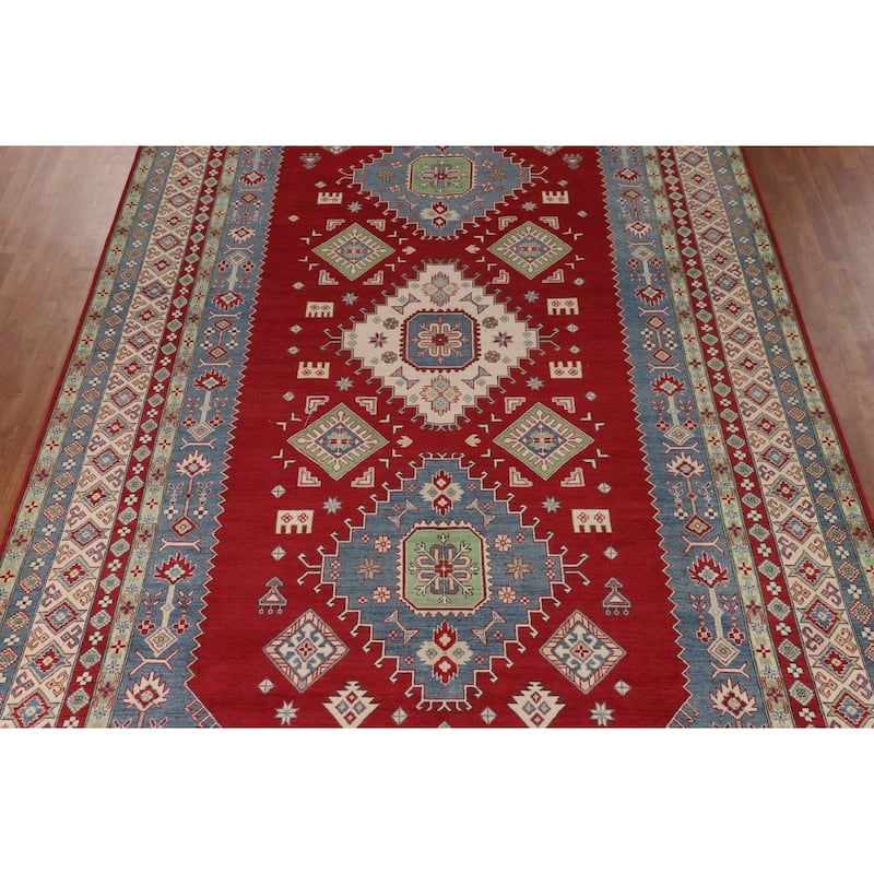 Red Geometric Kazak Oriental Large Area Rug Handmade Wool Carpet - 9'9" x 15'11"