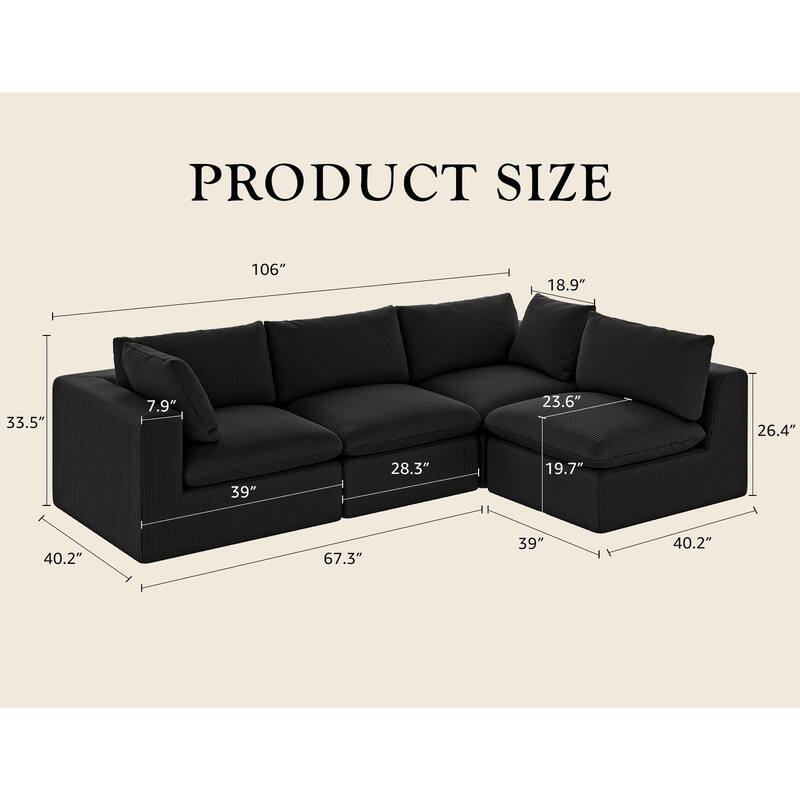 L Shape Modular Sectional Sofa, Oversized Corduroy Upholstered 4 Seater Sofa, Full Compression Deep Seat Sofa with 2 Pillows